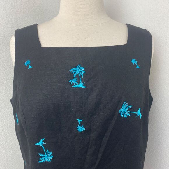 Vtg Annie Alexander Black Linen Blend Embroidered Top 10 Palm Trees Resort Beach - Picture 2 of 8